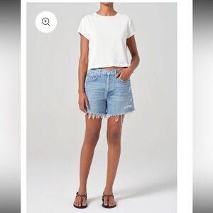 AGOLDE Parker Long Cut Off Jean Shorts 26 $158 “Swapmeet” Distressed Denim